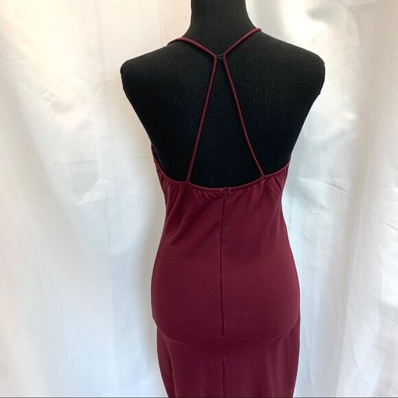 Red plum wine coloured deep V crisscross bodycon stretchy Vegas clubwear dress L - Picture 5 of 10